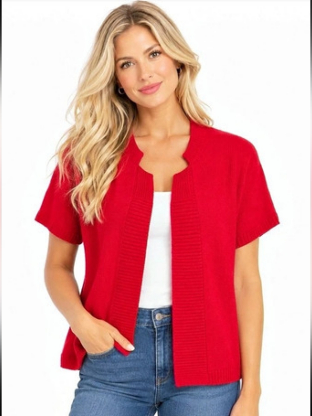 Talbots Open-Front Short Sleeve Cardigan Cotton Red Petites Large